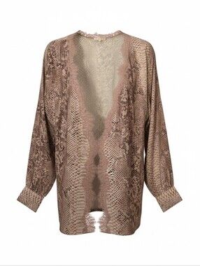 SILK Snake-Print Lace-Trim Open Cardigan in Blush Pink
